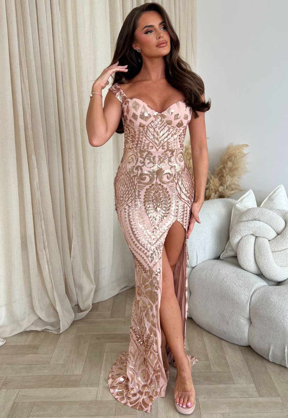 Nazz Collection Rose Gold Angelika Sequin Maxi Dress