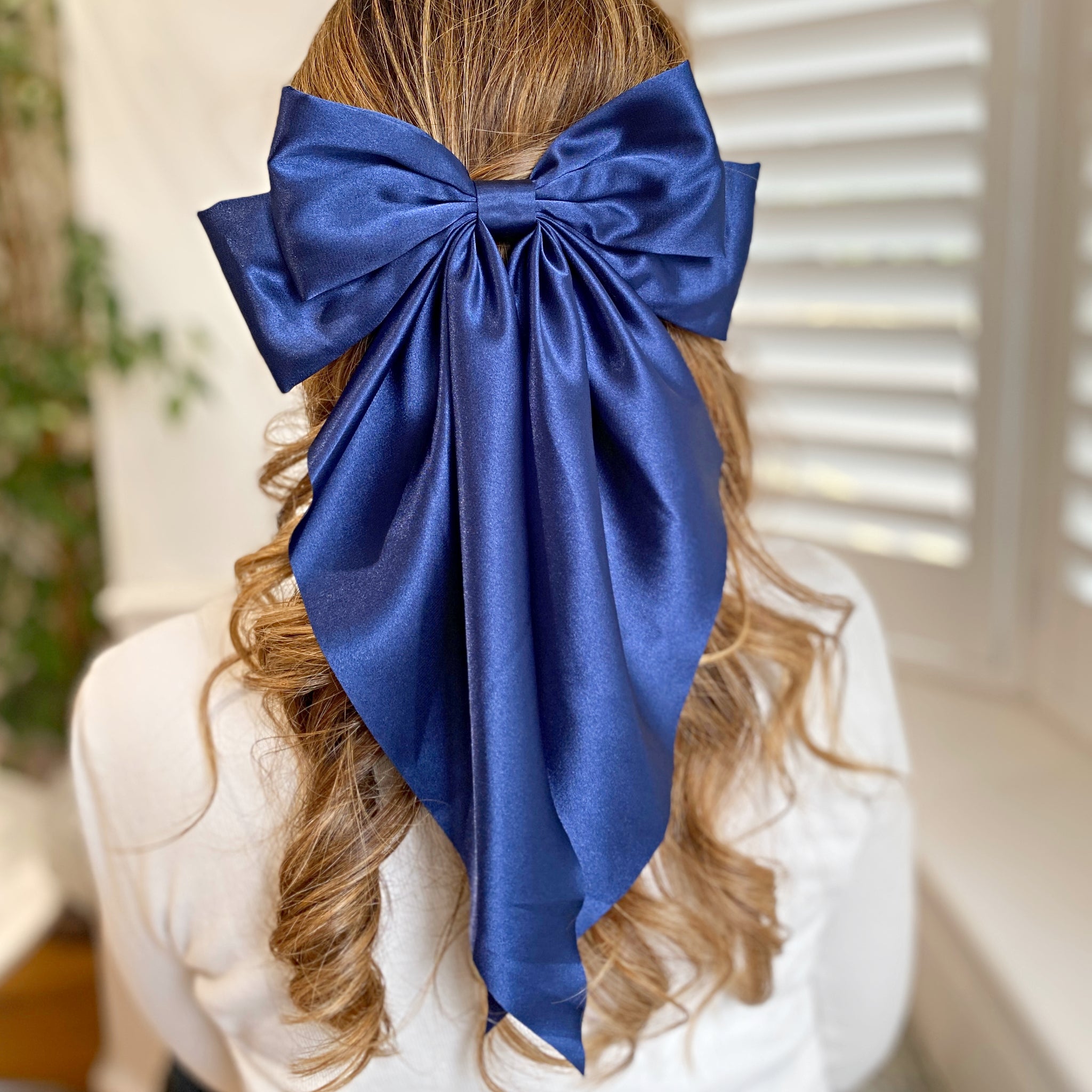 QueenMee Navy Satin Hair Bow Navy Hair Clip Long Bow