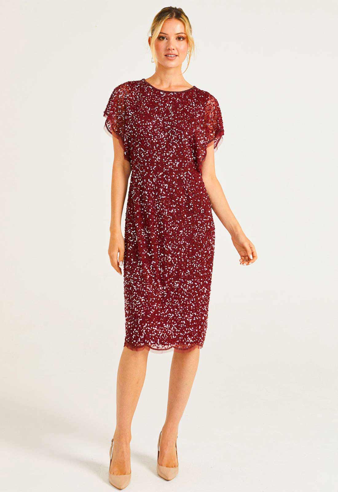 AngelEye Burgundy Sequin Flutter Sleeve Cocktail Dress XS