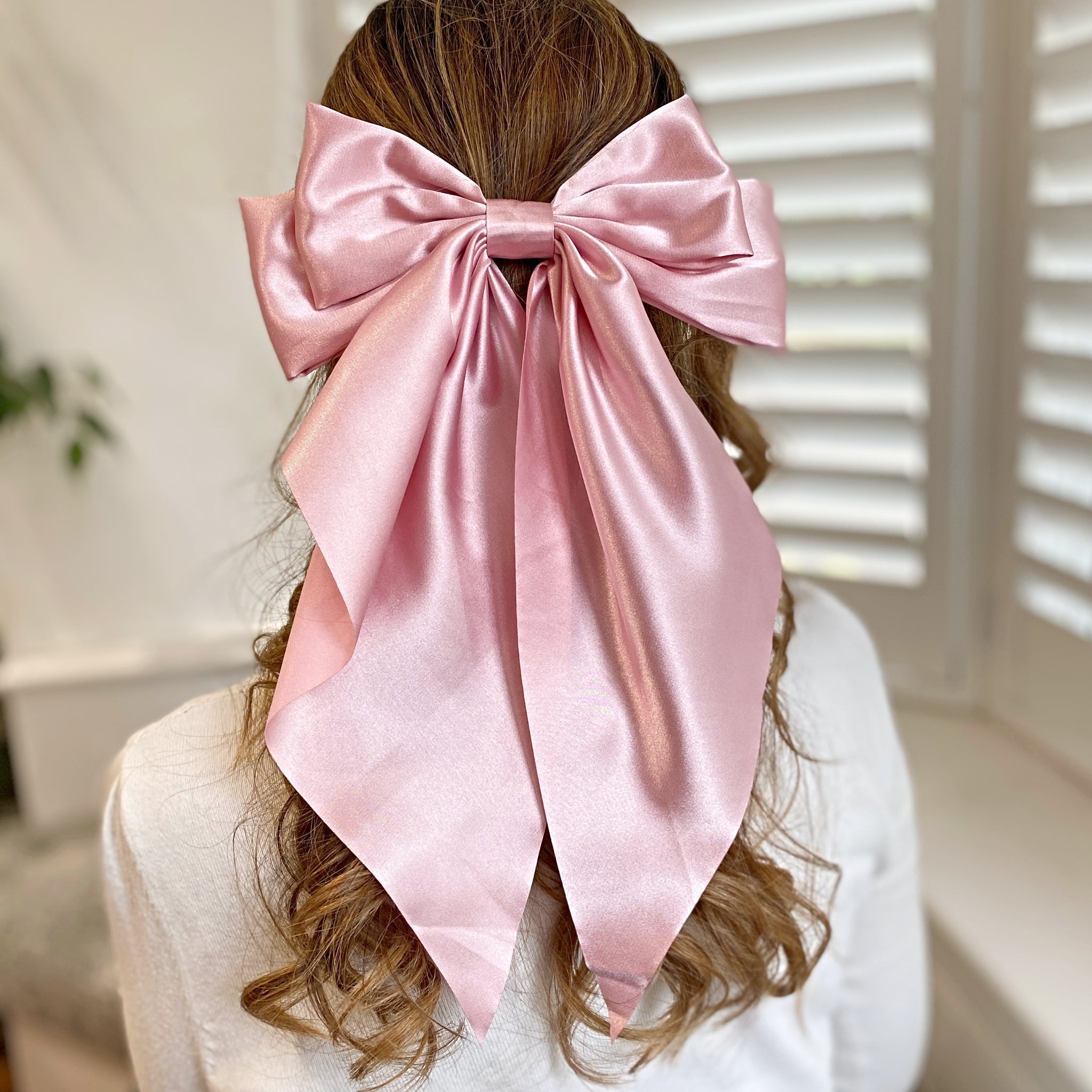 QueenMee Pink Satin Hair Bow Pink Hair Clip Long Bow