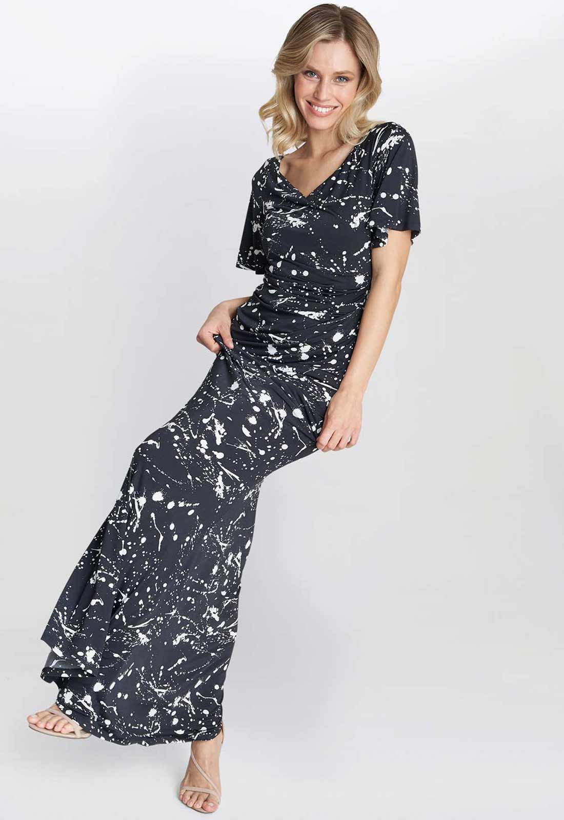 Gina Bacconi Black and White Lacy Jersey Maxi Dress