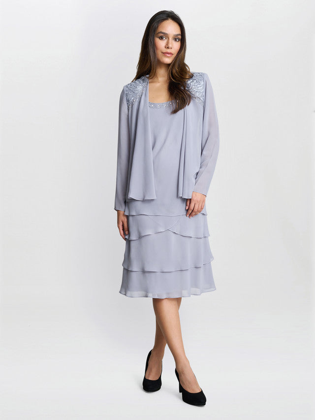 Gina Bacconi Blue Camira Lace Shoulder Bead Tier Jacket Dress