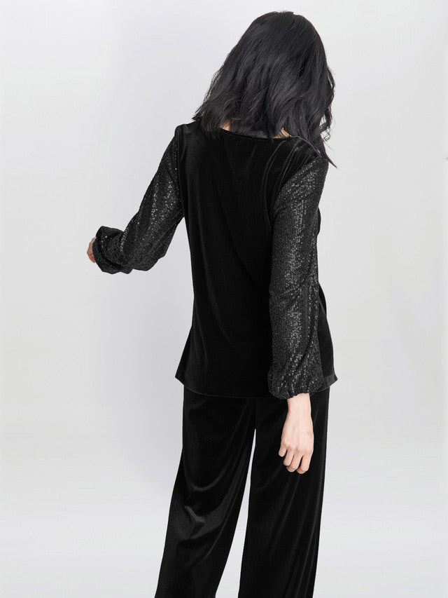 Gina Bacconi Black Ines Velvet Blouse With Sequin Bubble Sleeves