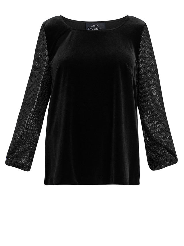 Gina Bacconi Black Ines Velvet Blouse With Sequin Bubble Sleeves