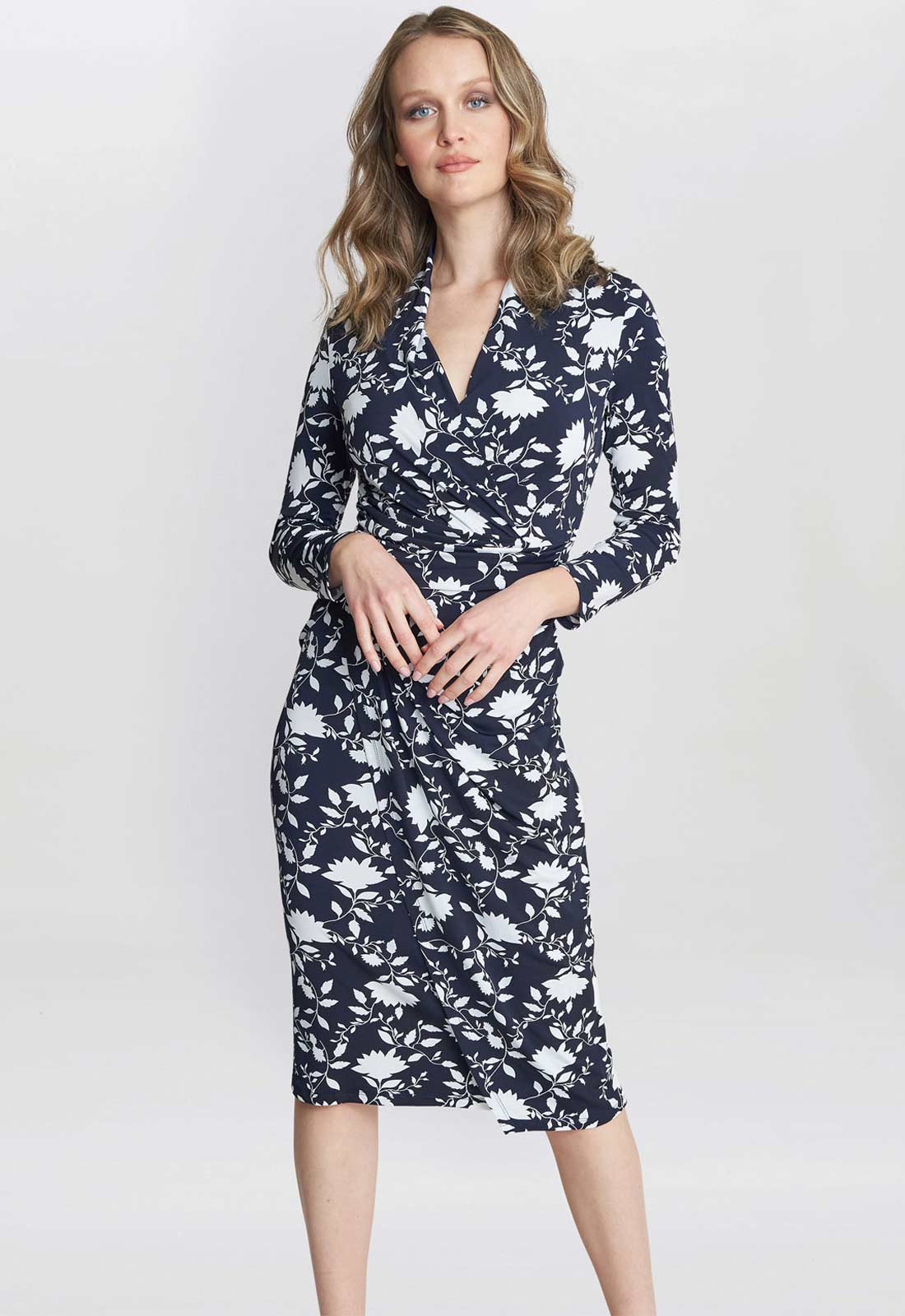 Gina Bacconi Navy and White Linda Jersey Wrap Dress