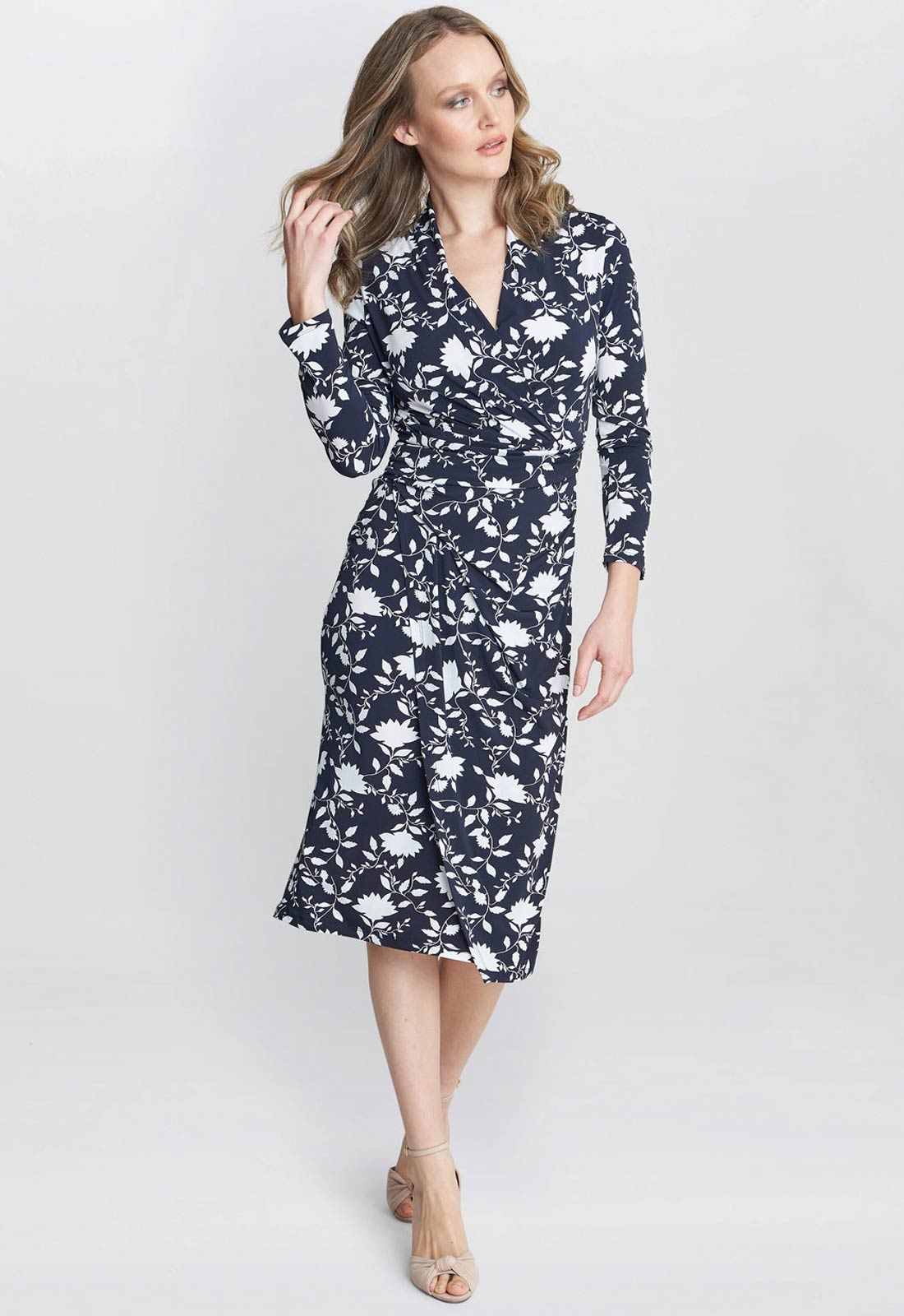 Gina Bacconi Navy and White Linda Jersey Wrap Dress