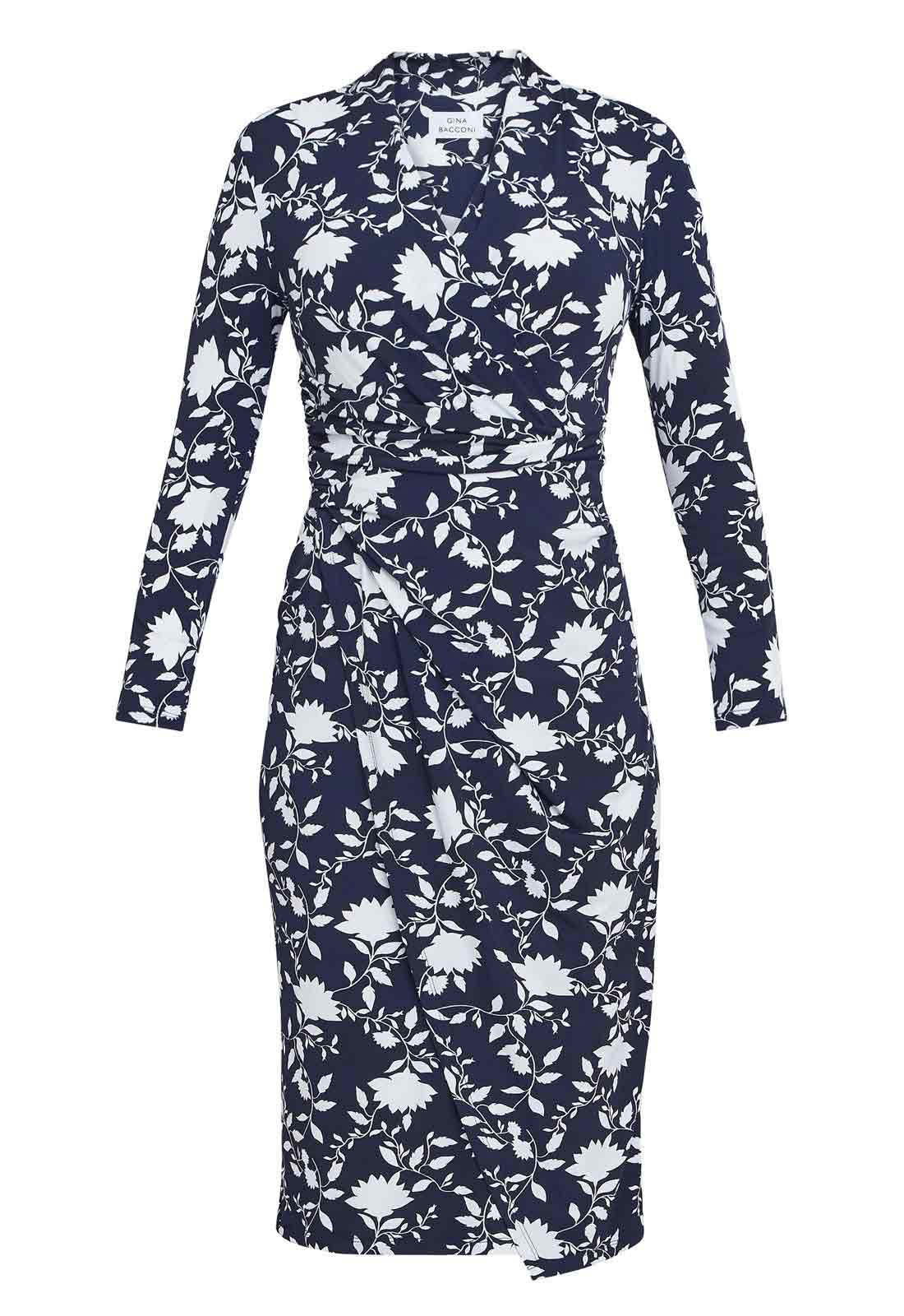 Gina Bacconi Navy and White Linda Jersey Wrap Dress