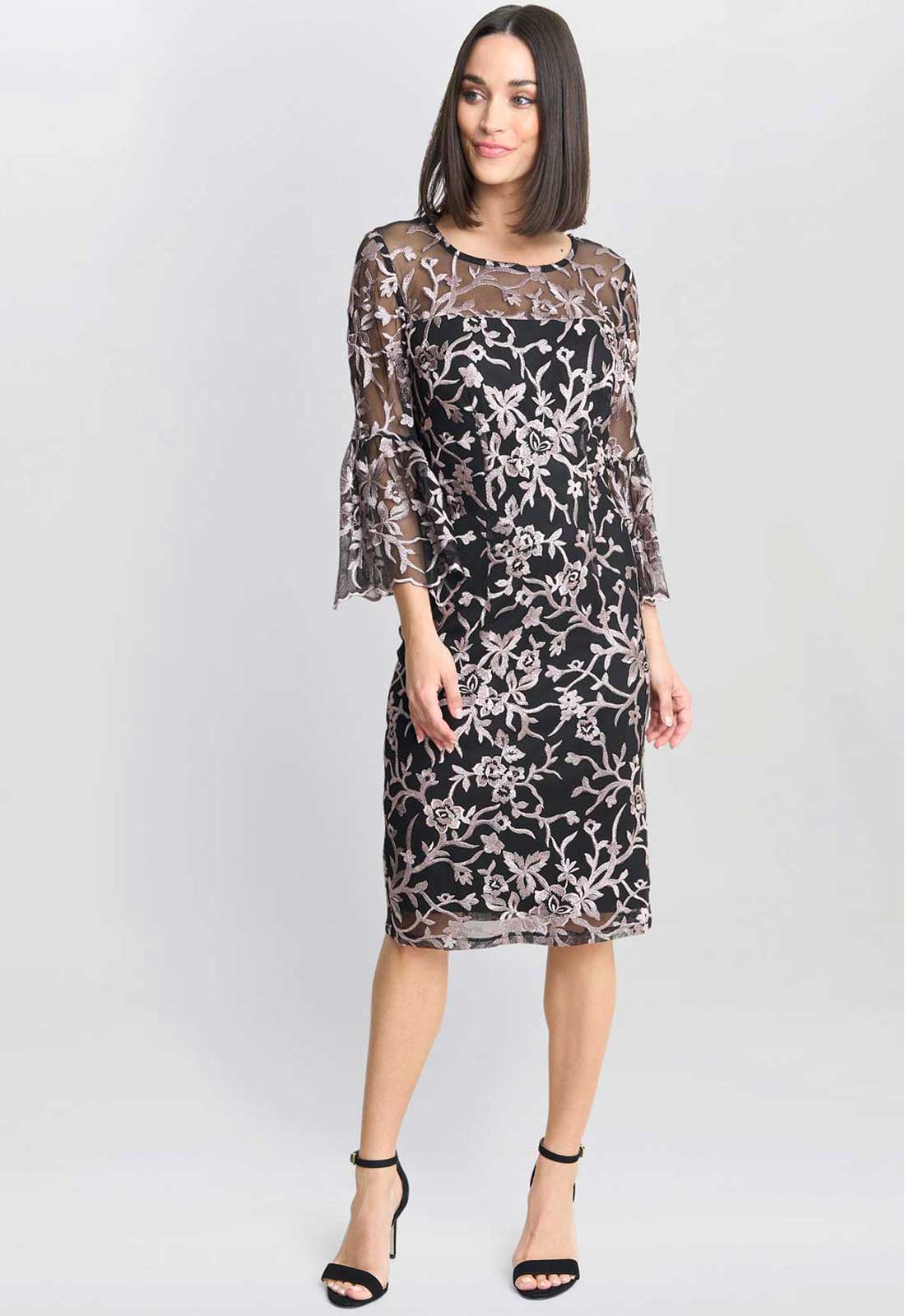 Gina Bacconi Black and Pink Maxine Embroidered Shift Dress