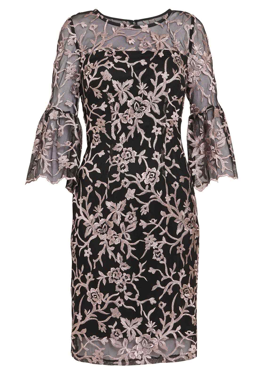 Gina Bacconi Black and Pink Maxine Embroidered Shift Dress