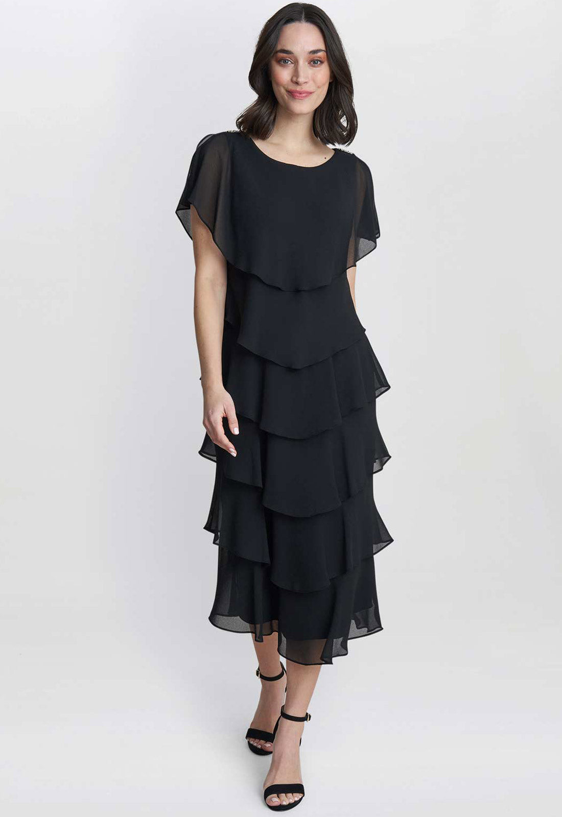 Gina Bacconi Black Tessa Midi Tiered Dress With Shoulder Trim