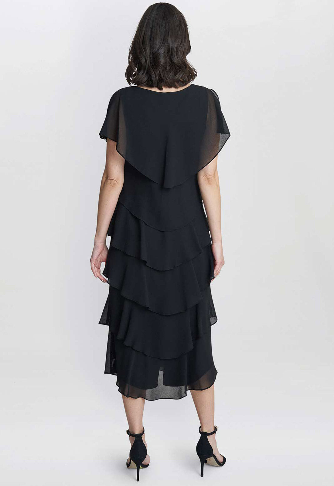 Gina Bacconi Black Tessa Midi Tiered Dress With Shoulder Trim