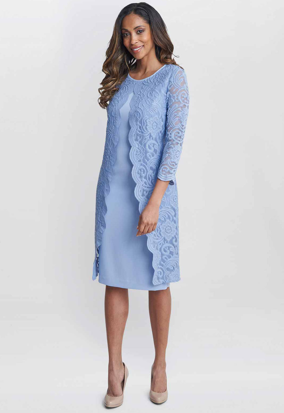 Gina Bacconi Nordic Blue Clarabelle Mock Lace Jacket And Crepe Dress