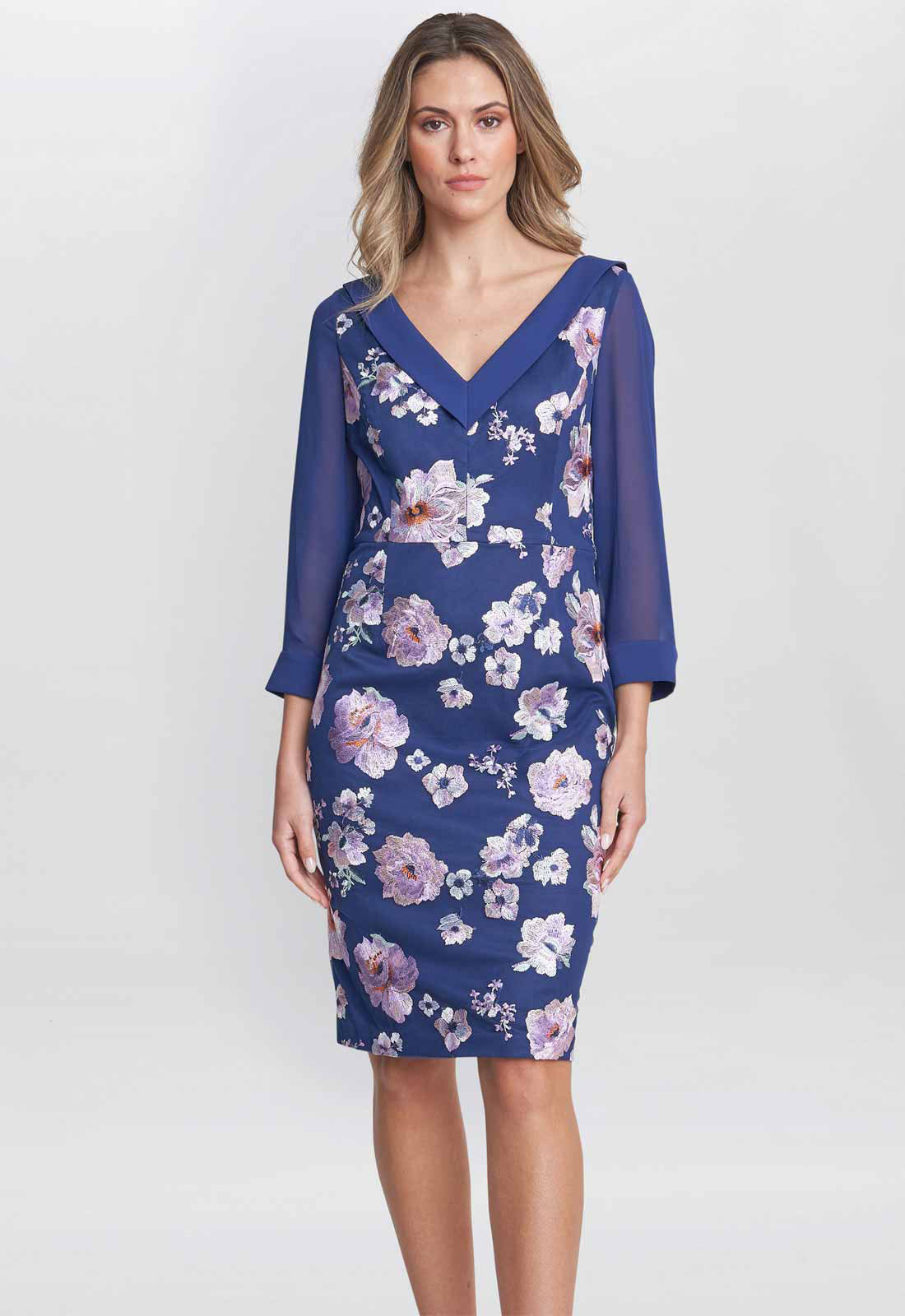 Gina Bacconi Navy Daisy Crepe Dress 