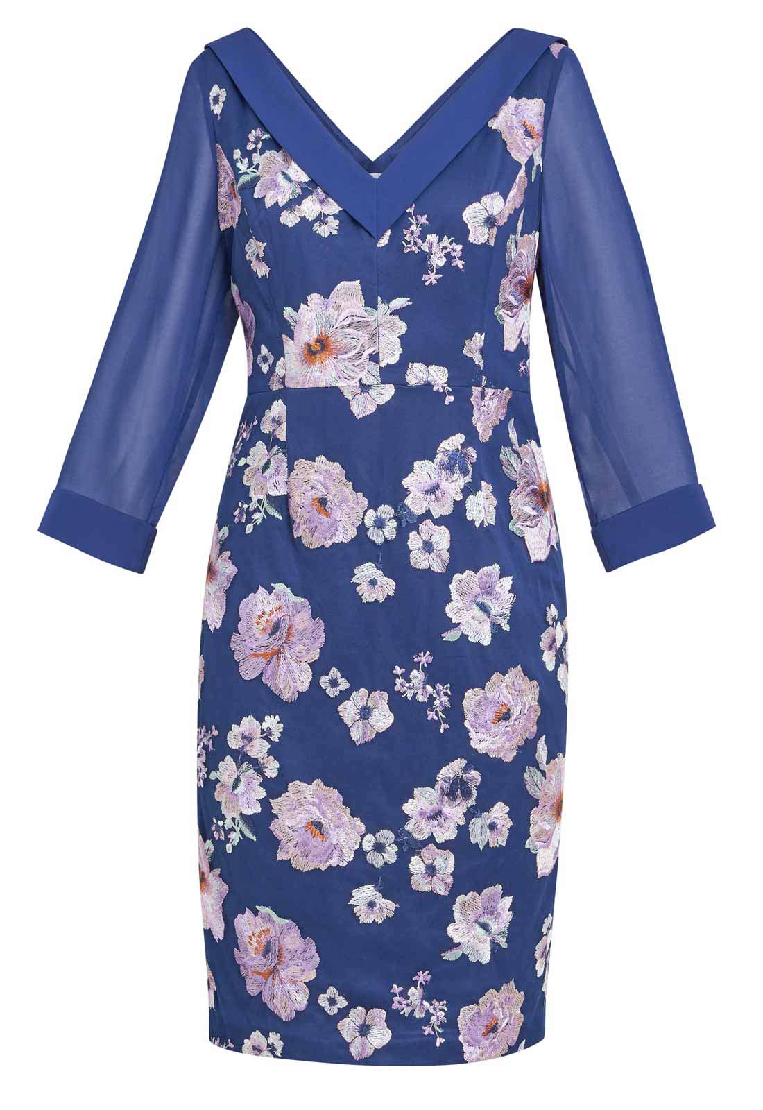 Gina Bacconi Navy Daisy Crepe Dress 