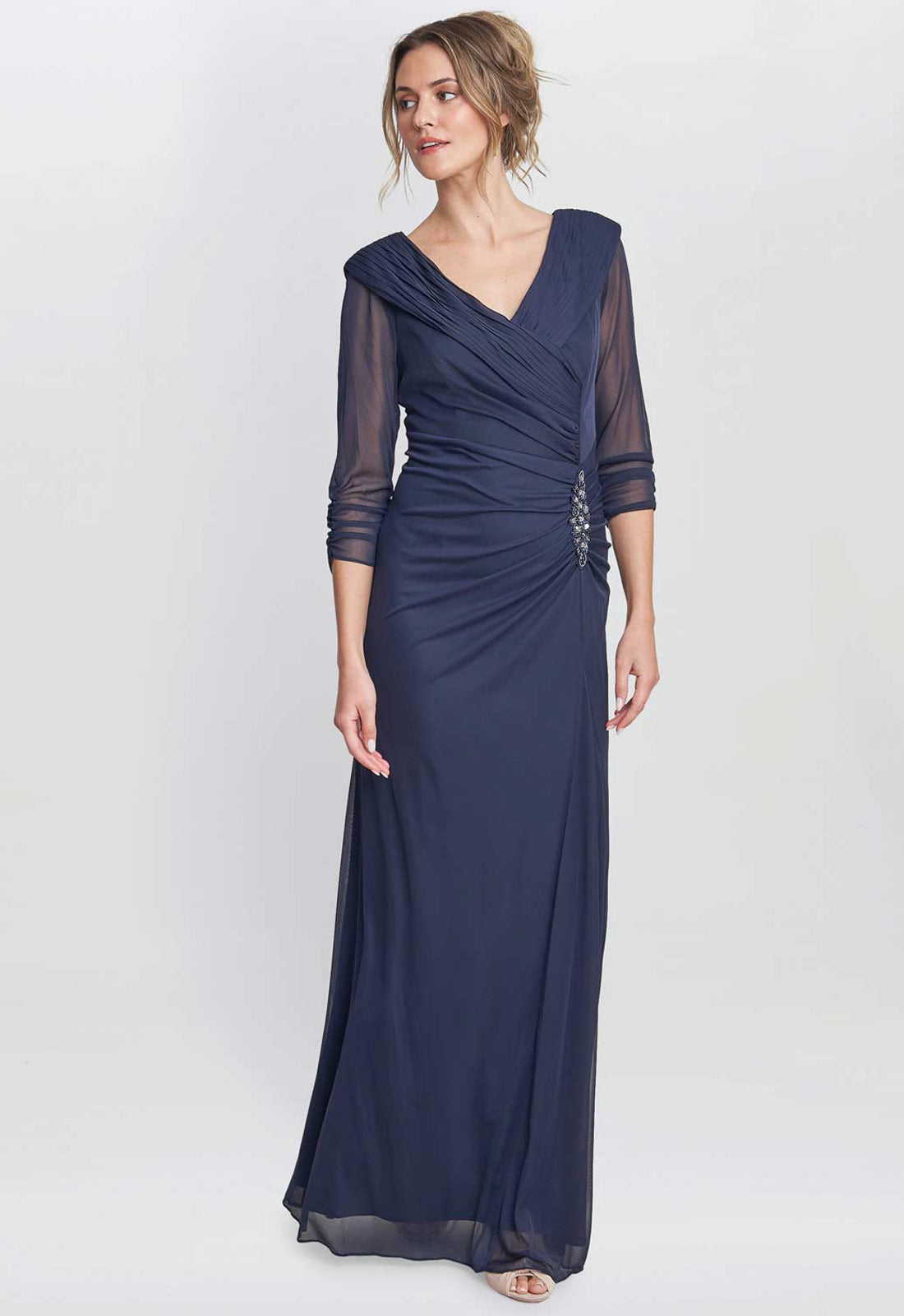 Gina Bacconi Navy Georgina Maxi Portrait Collar Dress With Beaded Trim