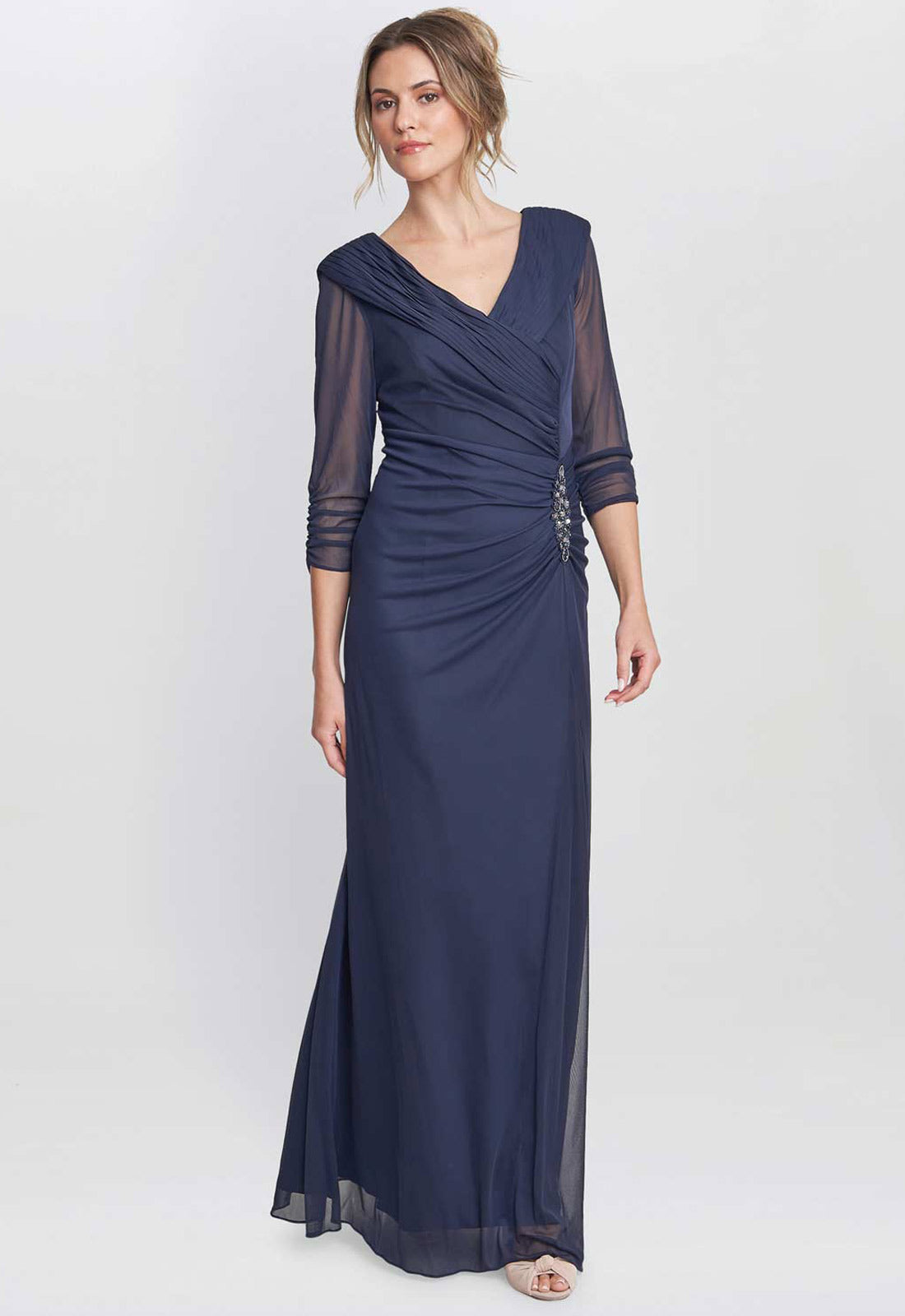 Gina Bacconi Navy Georgina Maxi Portrait Collar Dress With Beaded Trim