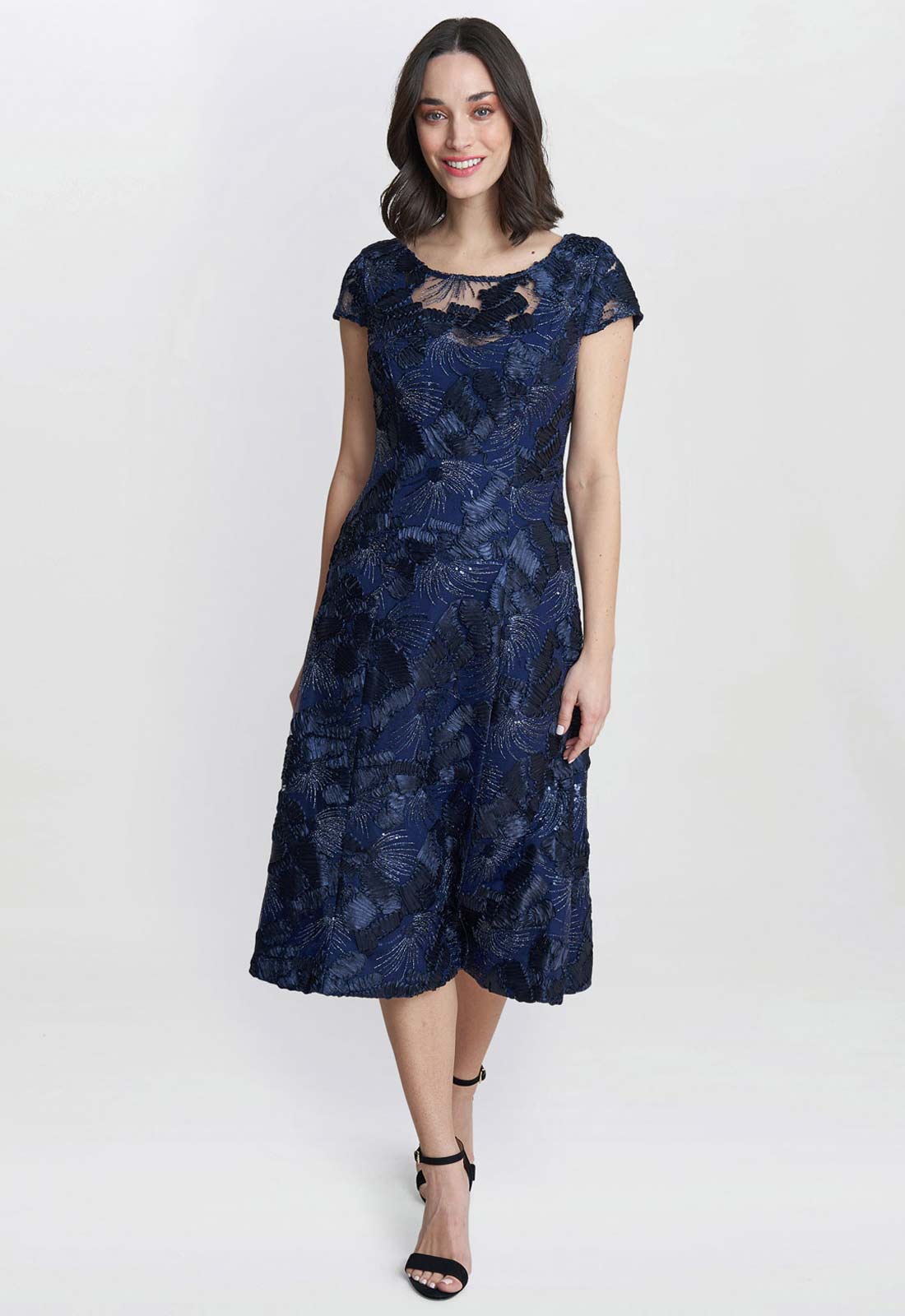 Gina Bacconi Navy Abella Illusion Jewel Floral Dress