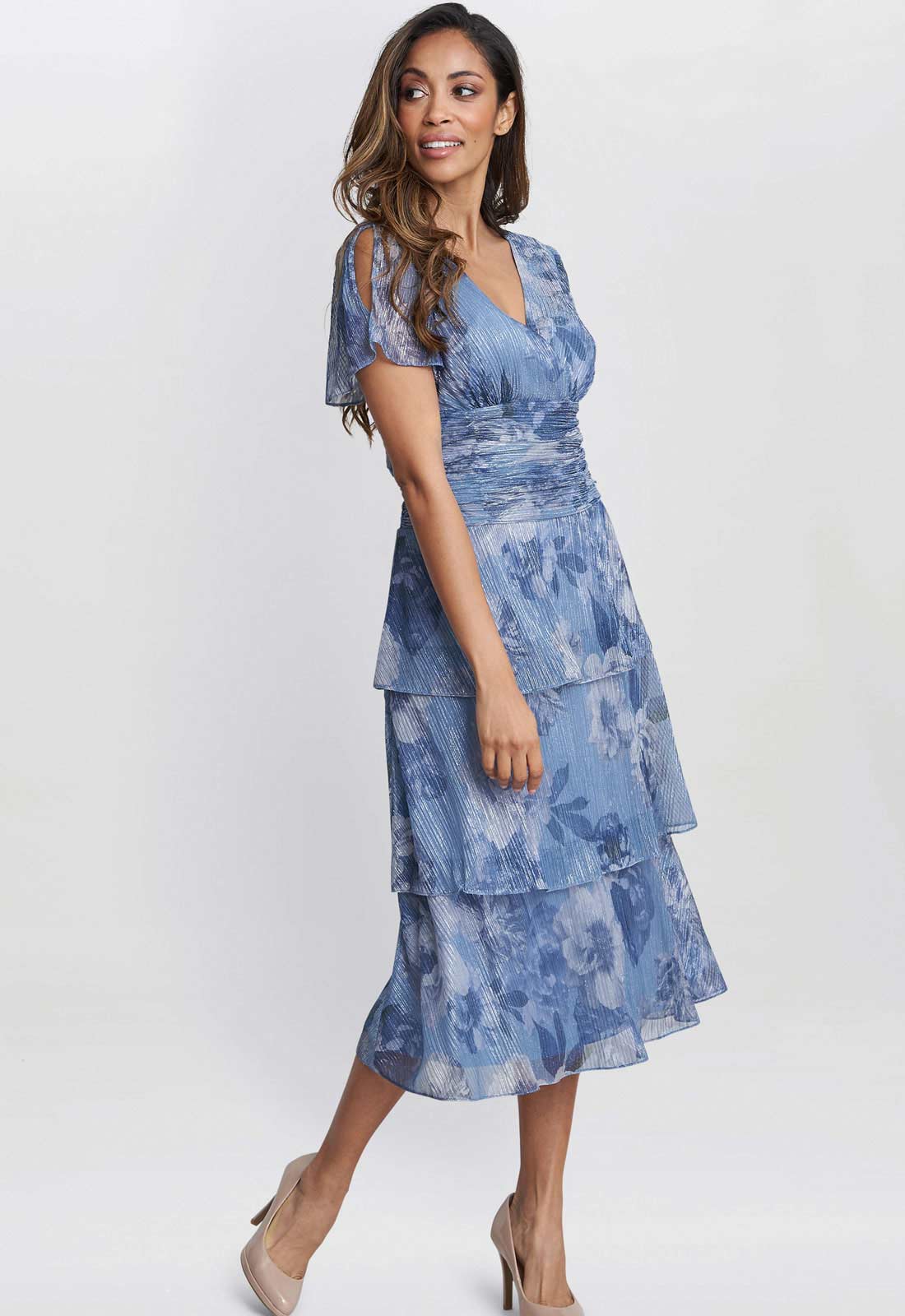 Gina Bacconi Blue Metallic Cherie Midi Printed Metallic Tier Dress