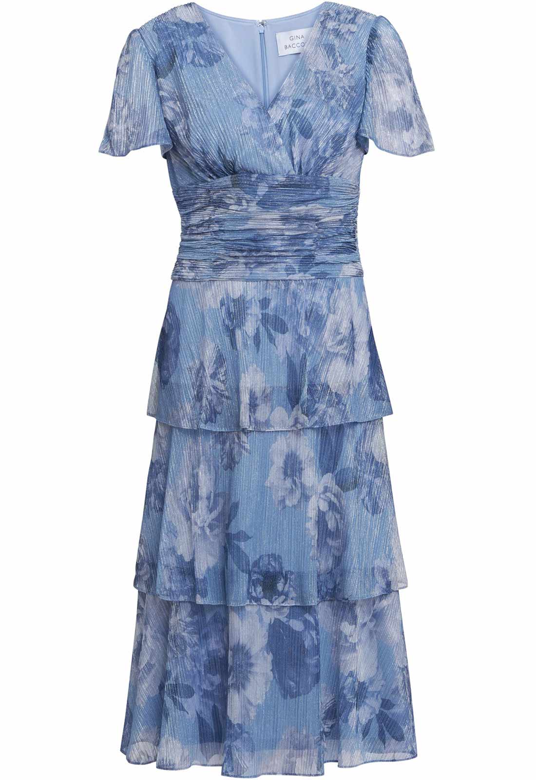 Gina Bacconi Blue Metallic Cherie Midi Printed Metallic Tier Dress