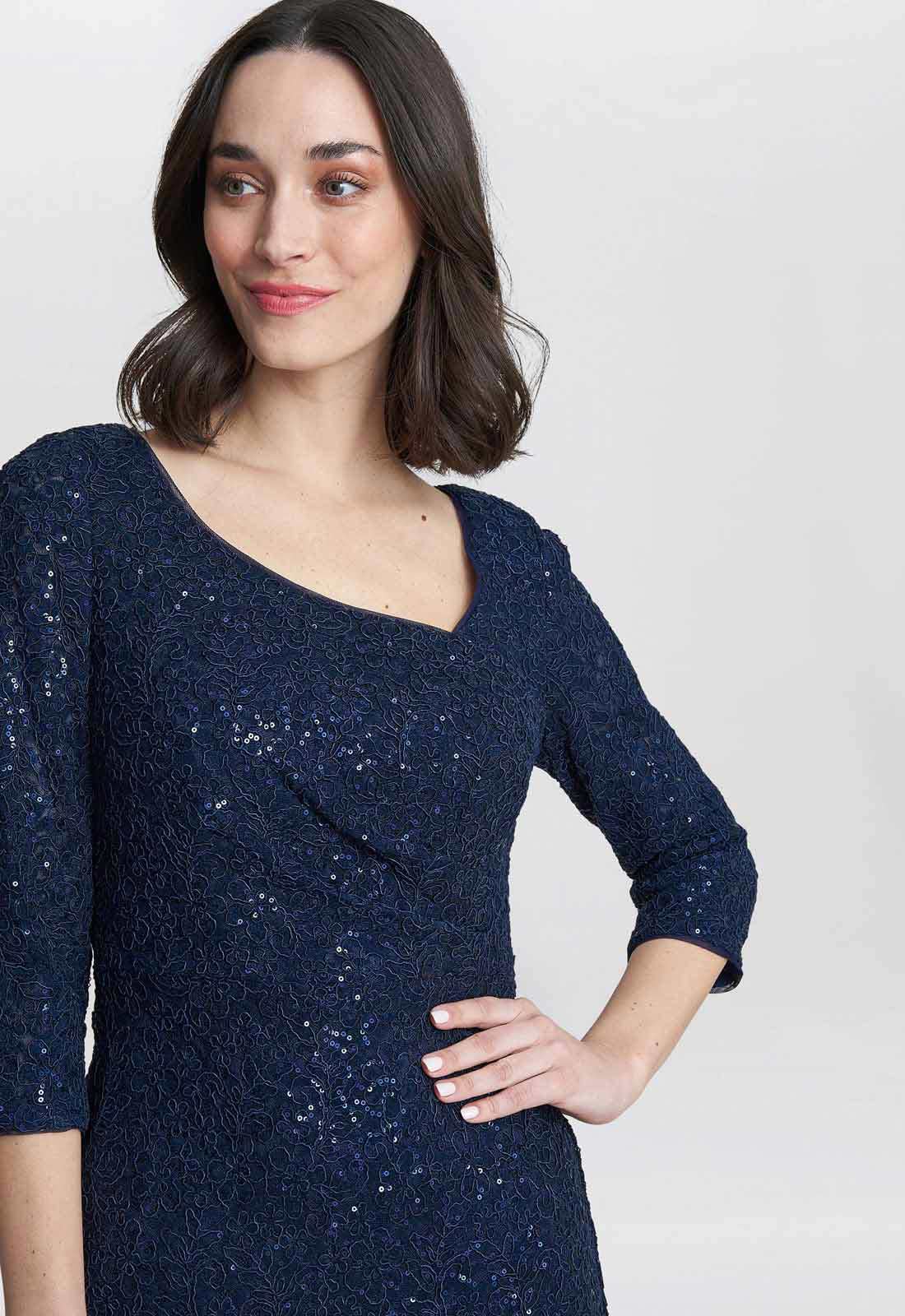 Gina Bacconi Navy Cassandra Sequin Lace Dress