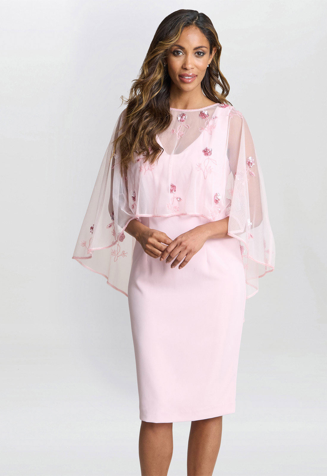 Gina Bacconi Pink Vera Beaded Cape Dress