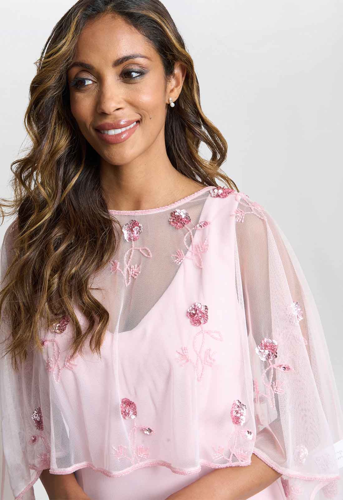 Gina Bacconi Pink Vera Beaded Cape Dress