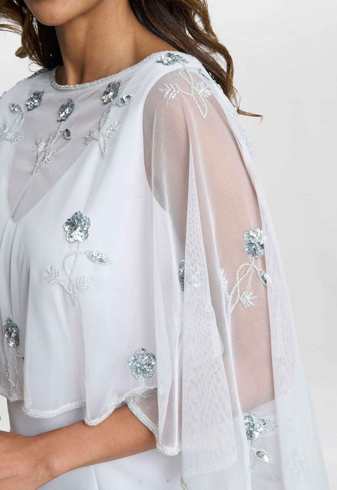 Gina Bacconi Silver Mist Beaded Cape With Delicate Small Flowers