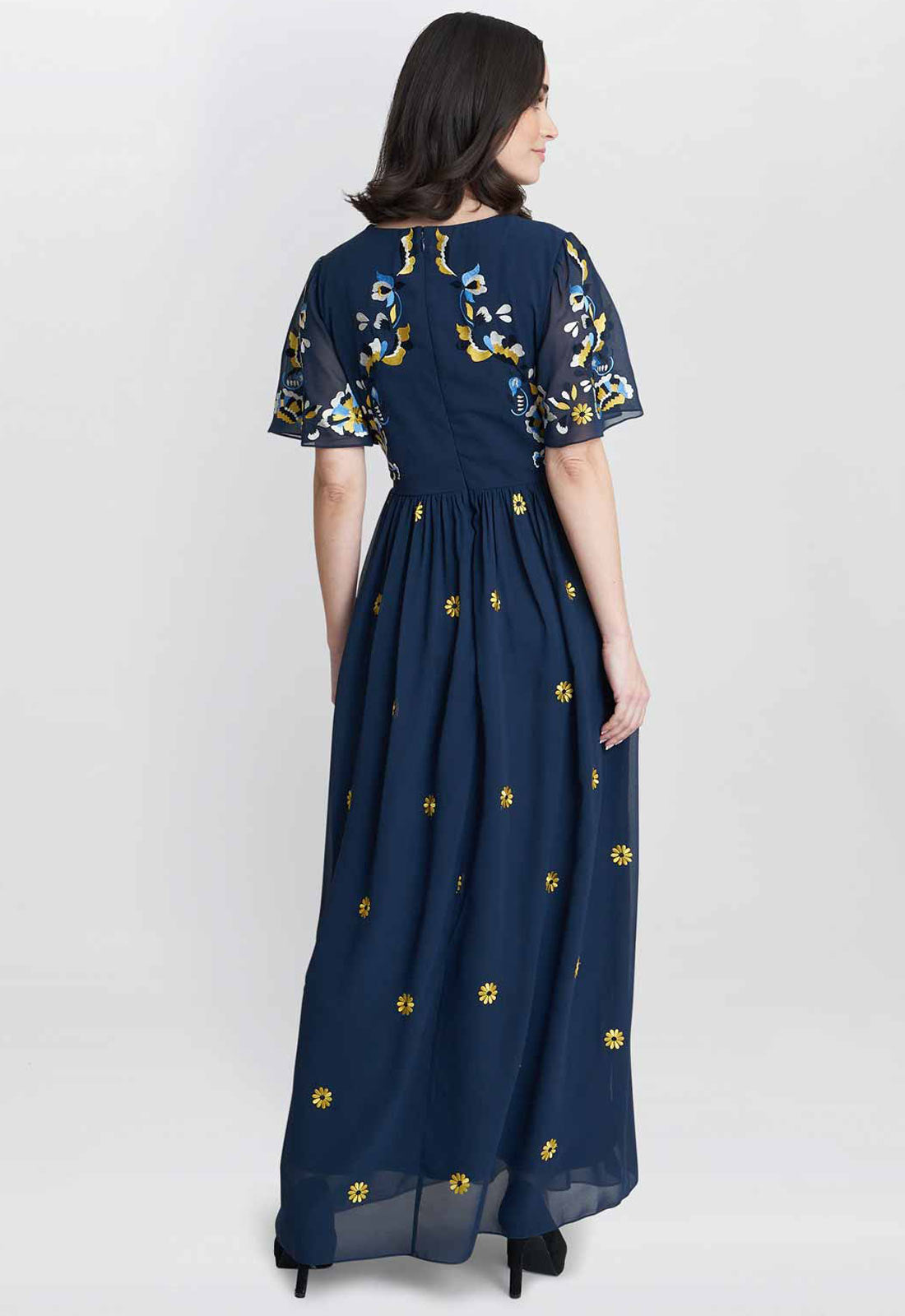 Gina Bacconi Navy Embroidered Dress With Flowers