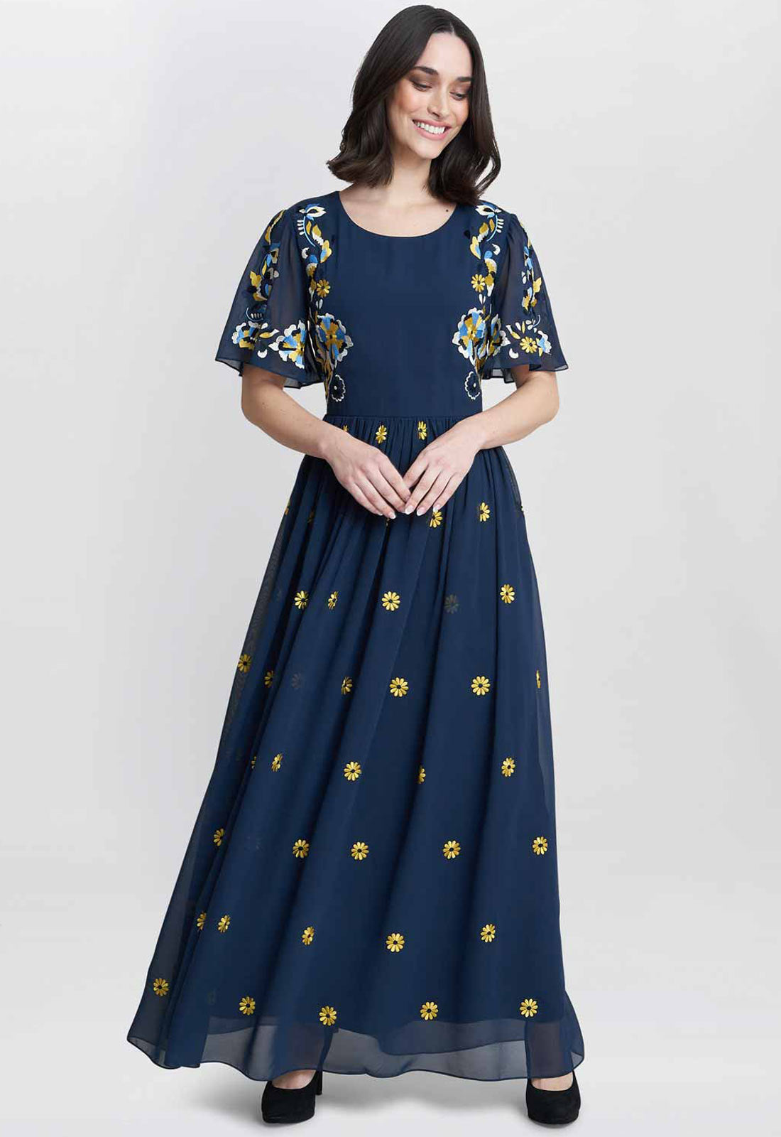 Gina Bacconi Navy Embroidered Dress With Flowers