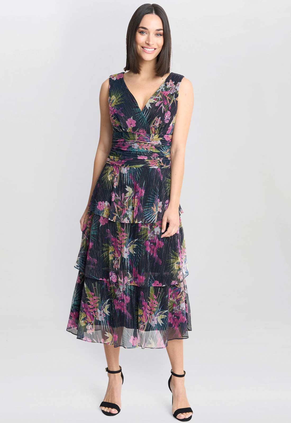 Gina Bacconi Black / Multi Nina Midi Sleeveless Printed Tiered Dress