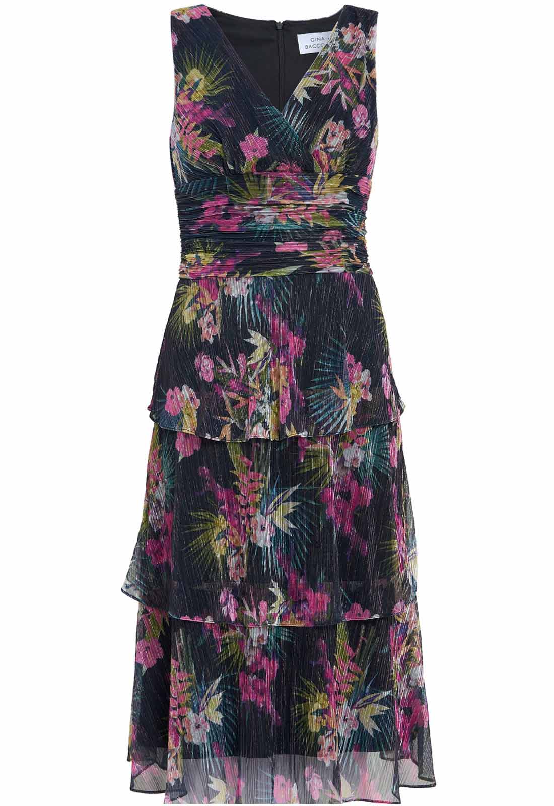 Gina Bacconi Black / Multi Nina Midi Sleeveless Printed Tiered Dress