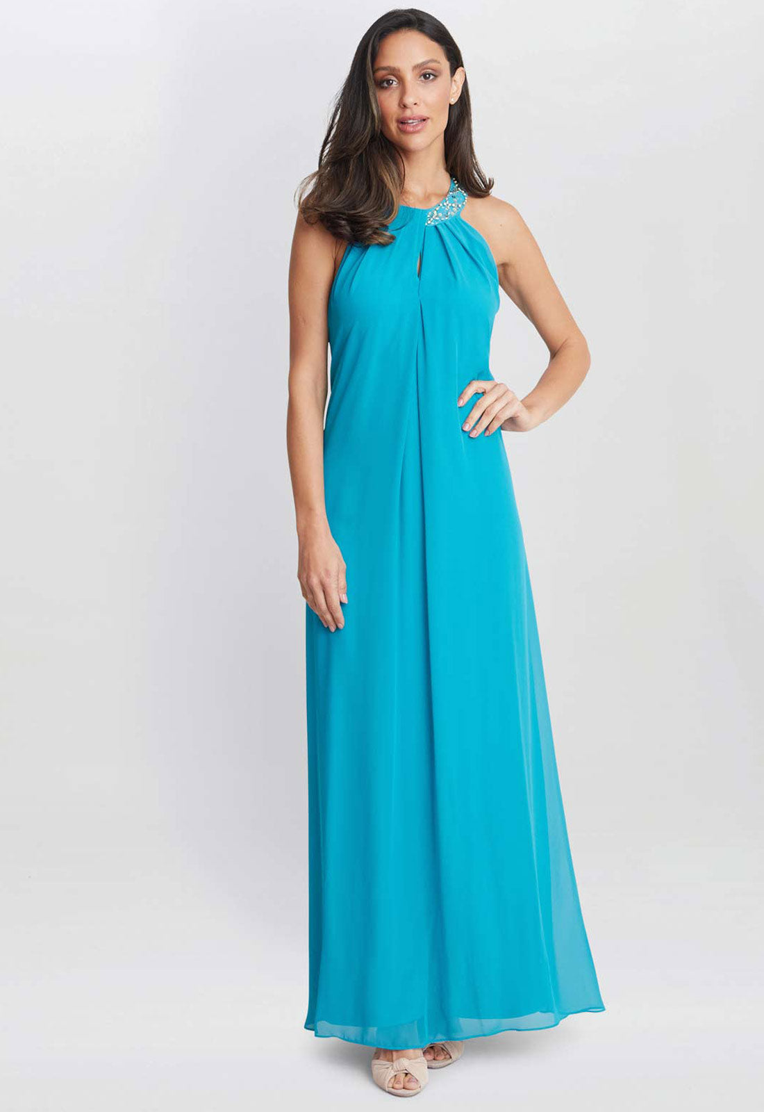 Gina Bacconi Aqua Pamela Halterneck Maxi Dress