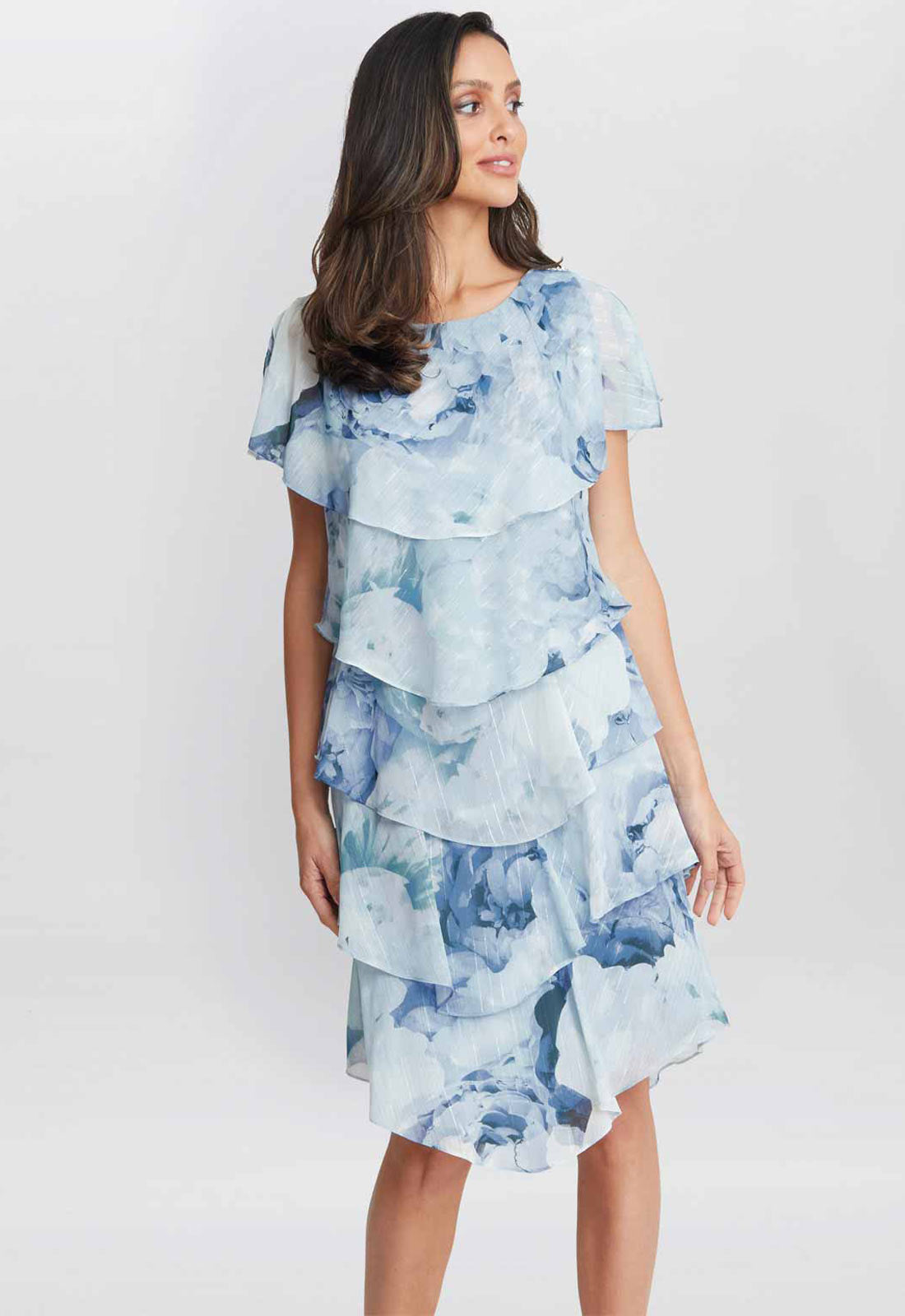 Gina Bacconi Blue Rosanna Printed Tiered Dress 
