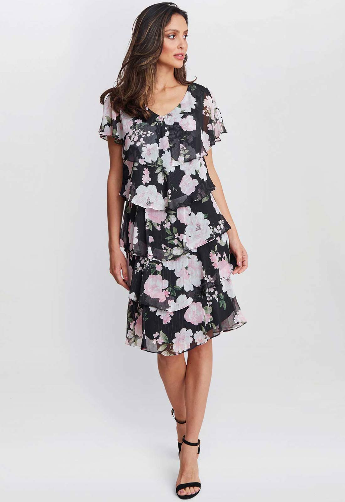 Gina Bacconi Black  Nicola V Neck Printed Tiered Dress