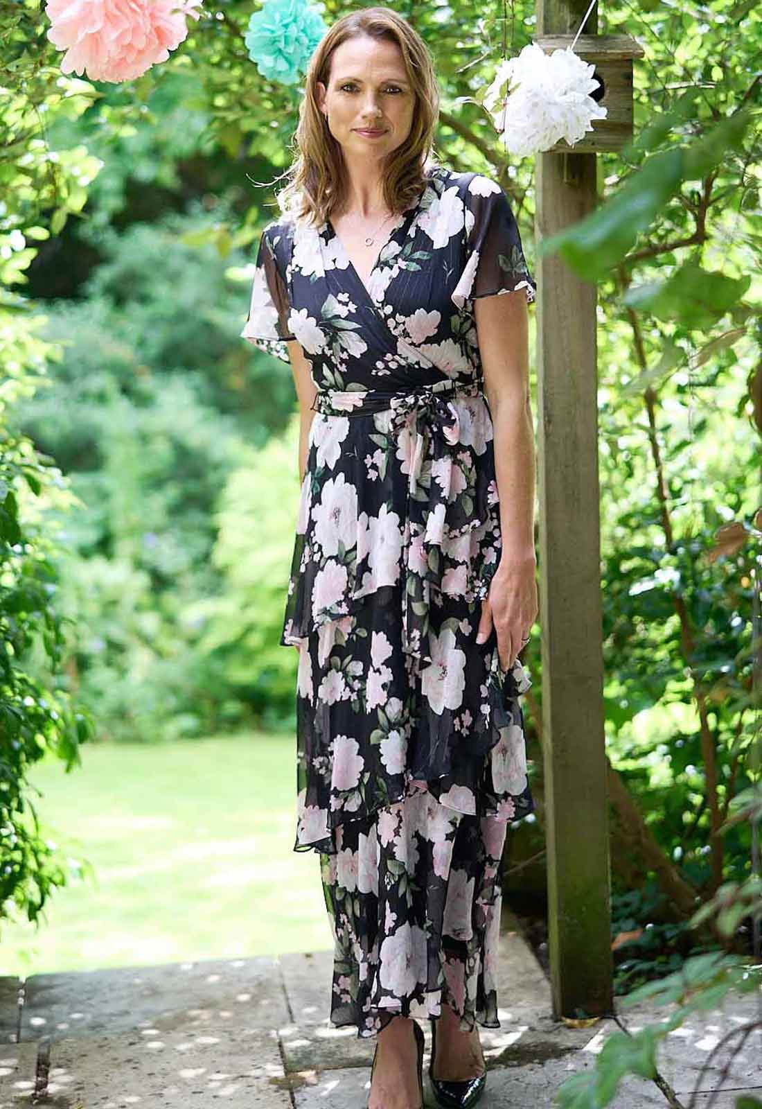 Gina Bacconi Black Sally Printed Maxi Tiered Dress With Tie Belt