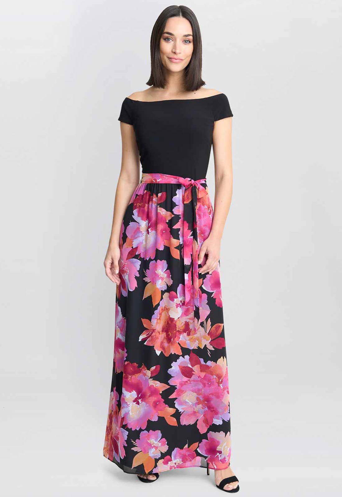 Gina Bacconi Black and Pink Ruth Printed Maxi Dress With Jersey Bodice