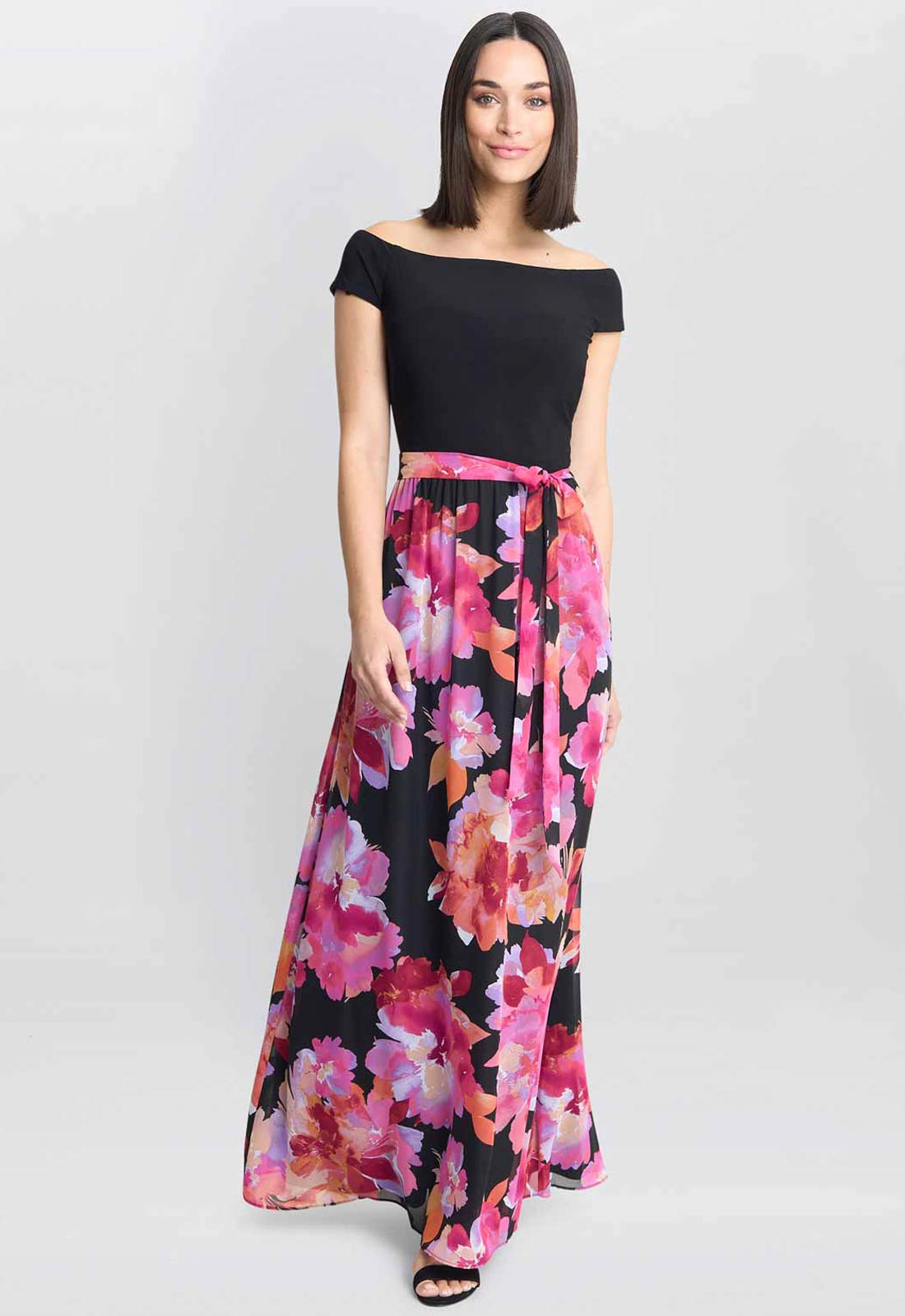 Gina Bacconi Black and Pink Ruth Printed Maxi Dress With Jersey Bodice