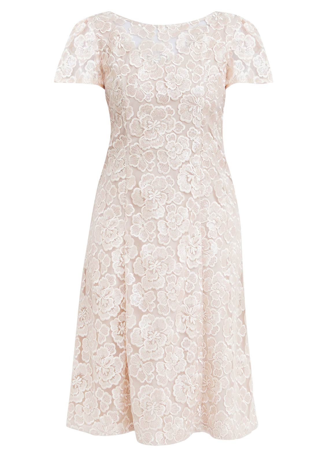 Gina Bacconi Peach Mylene Embroidered Floral A-Line Midi Dress