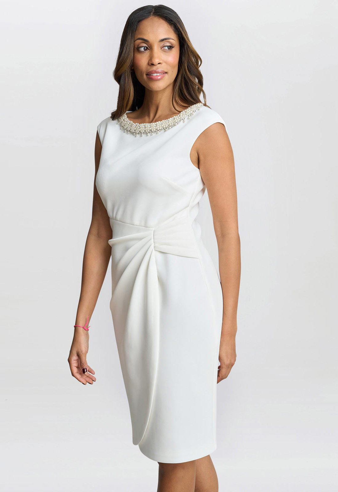 Gina Bacconi Ivory Sansa Wrap Dress With Beaded Neck