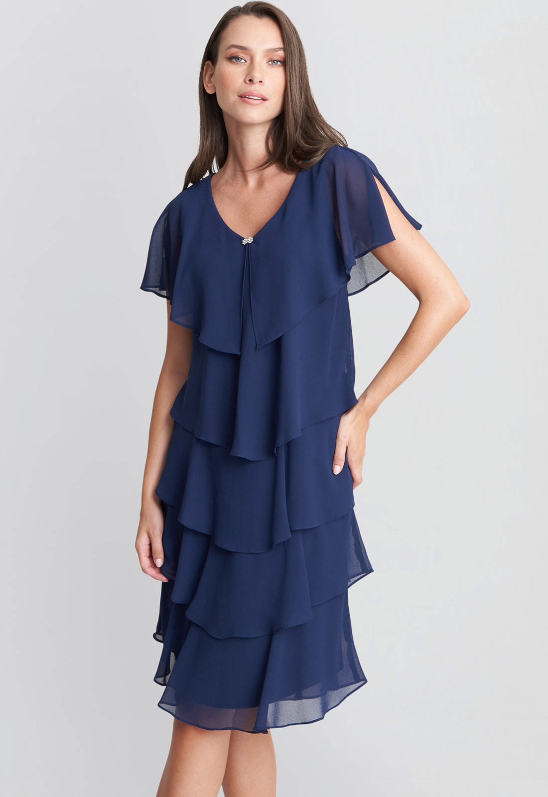 Gina Bacconi Navy Bella Georgette Tiered Dress