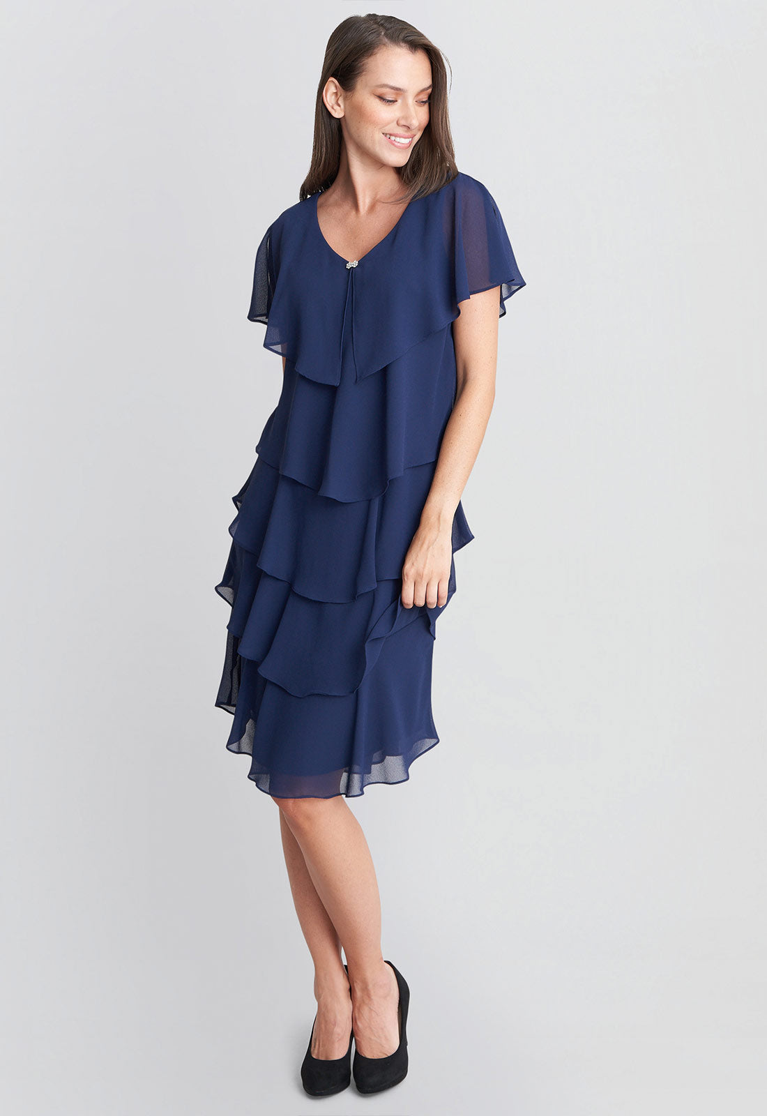 Gina Bacconi Navy Bella Georgette Tiered Dress