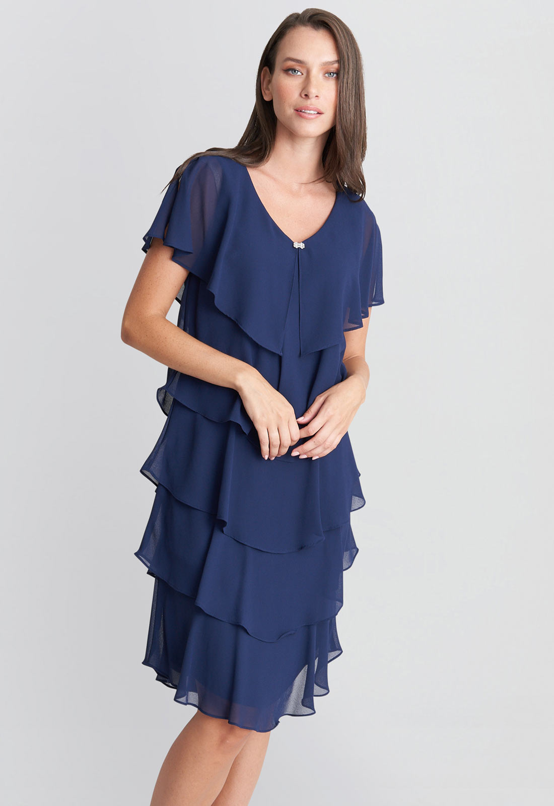 Gina Bacconi Navy Bella Georgette Tiered Dress