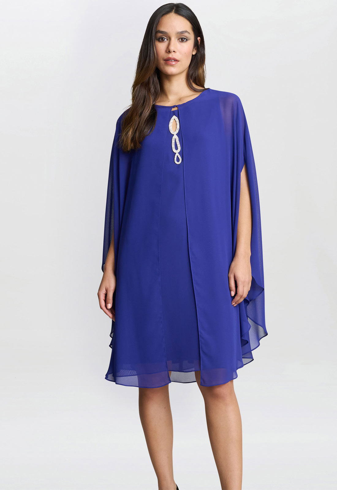 Gina Bacconi Blue Laura Chiffon Cape And Beaded Neck Dress