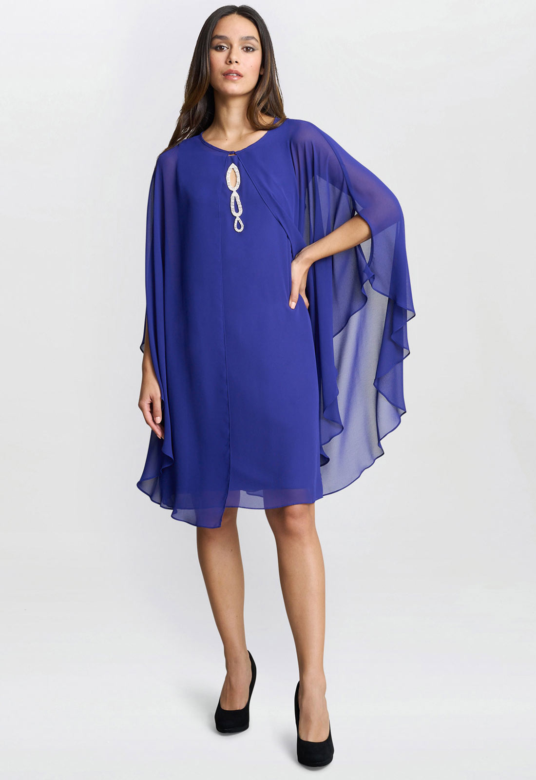 Gina Bacconi Blue Laura Chiffon Cape And Beaded Neck Dress