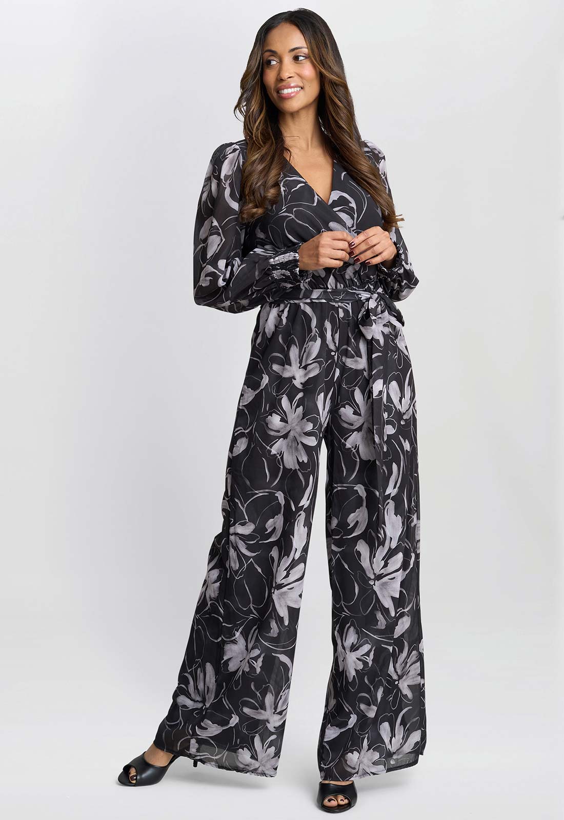 Gina Bacconi Black and White Kourtney Chiffon Jumpsuit