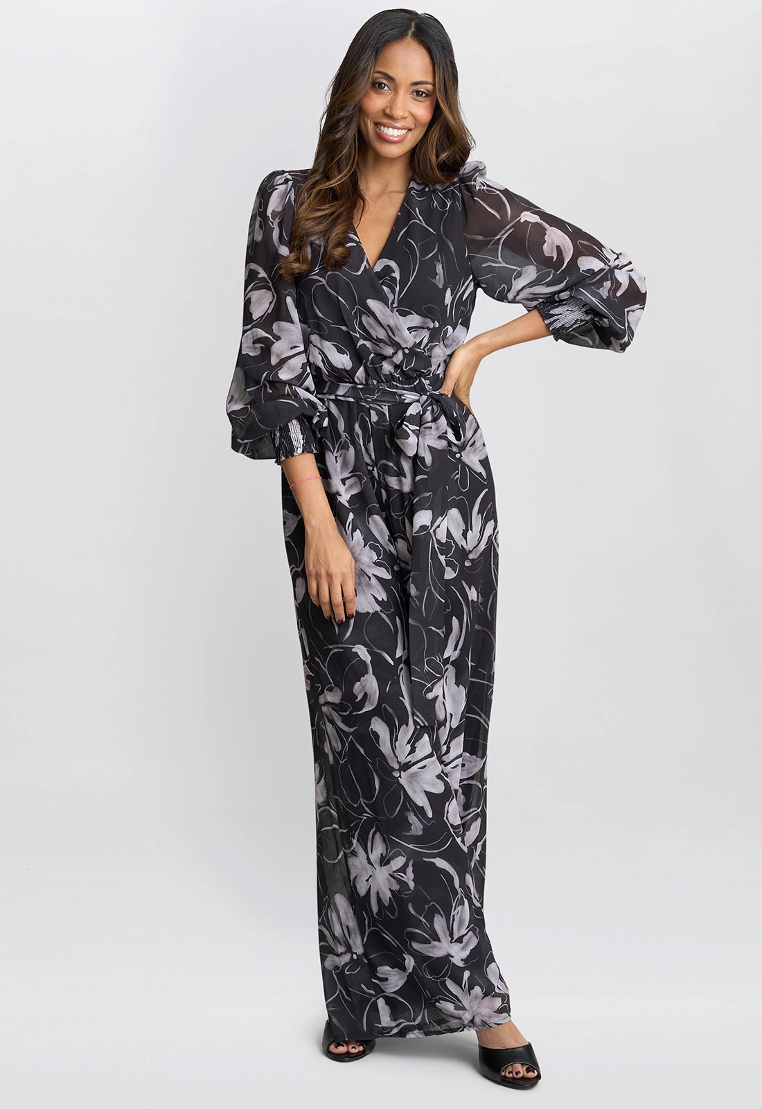 Gina Bacconi Black and White Kourtney Chiffon Jumpsuit