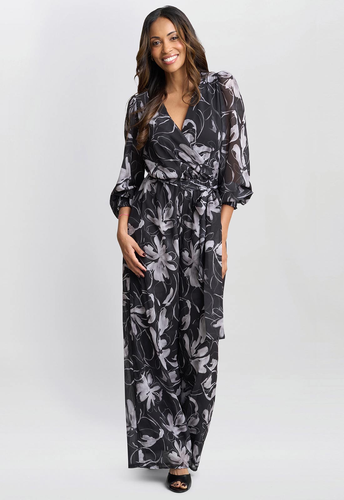 Gina Bacconi Black and White Kourtney Chiffon Jumpsuit