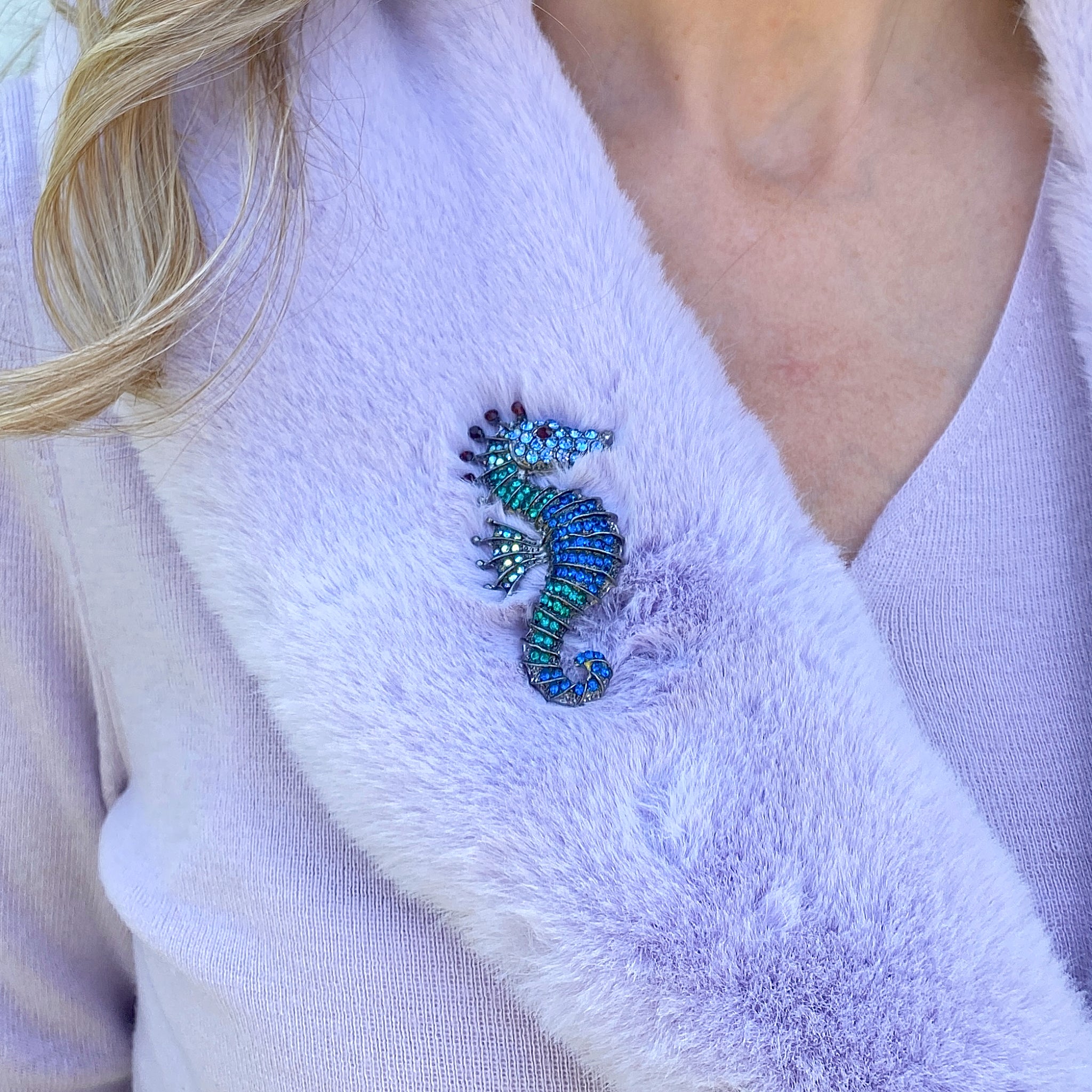 QueenMee Seahorse Brooch Sea Horse Pin Blue Brooch Crystal Brooch