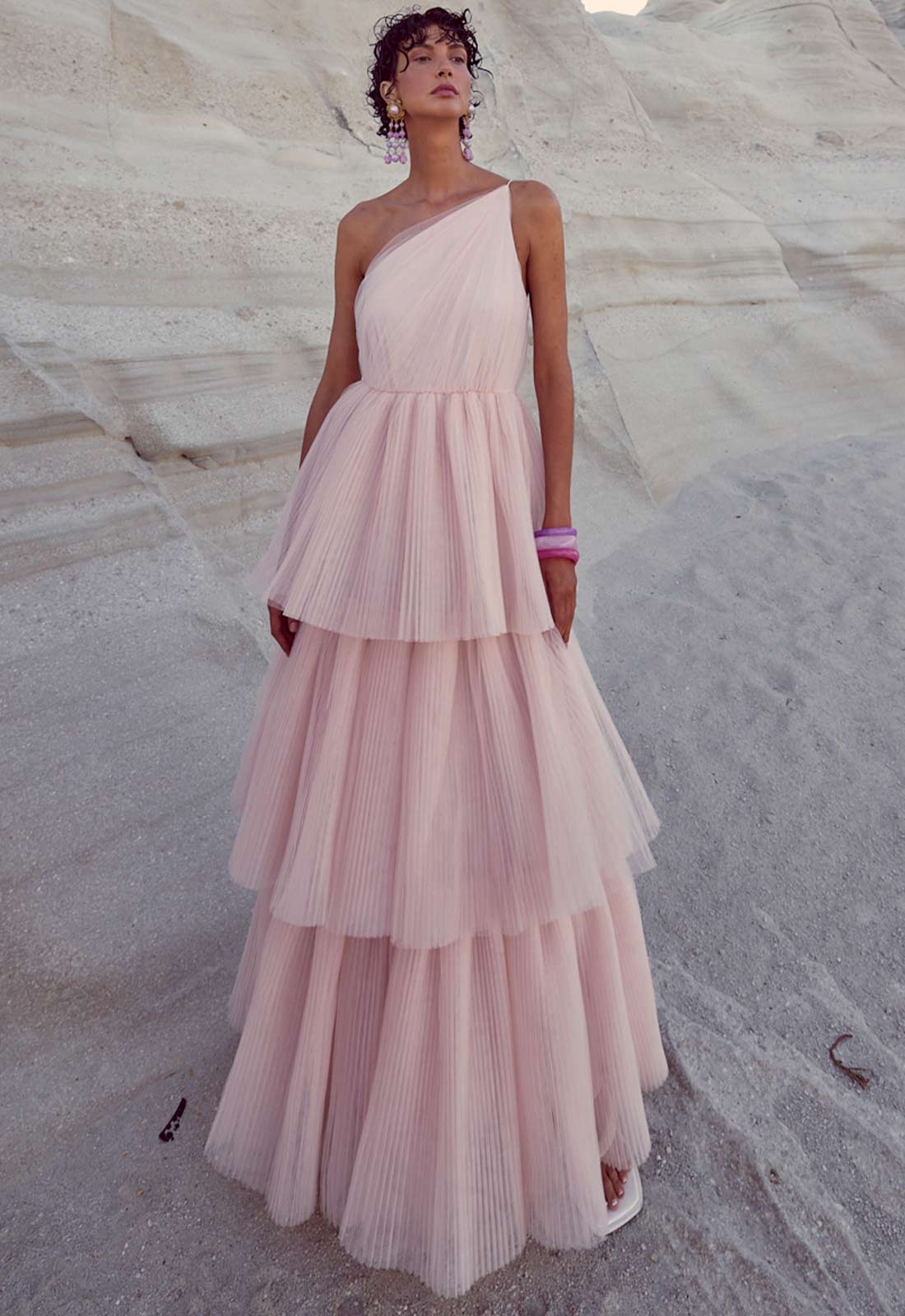 True Decadence Peach Liana Asymmetric Tiered  Maxi Dress