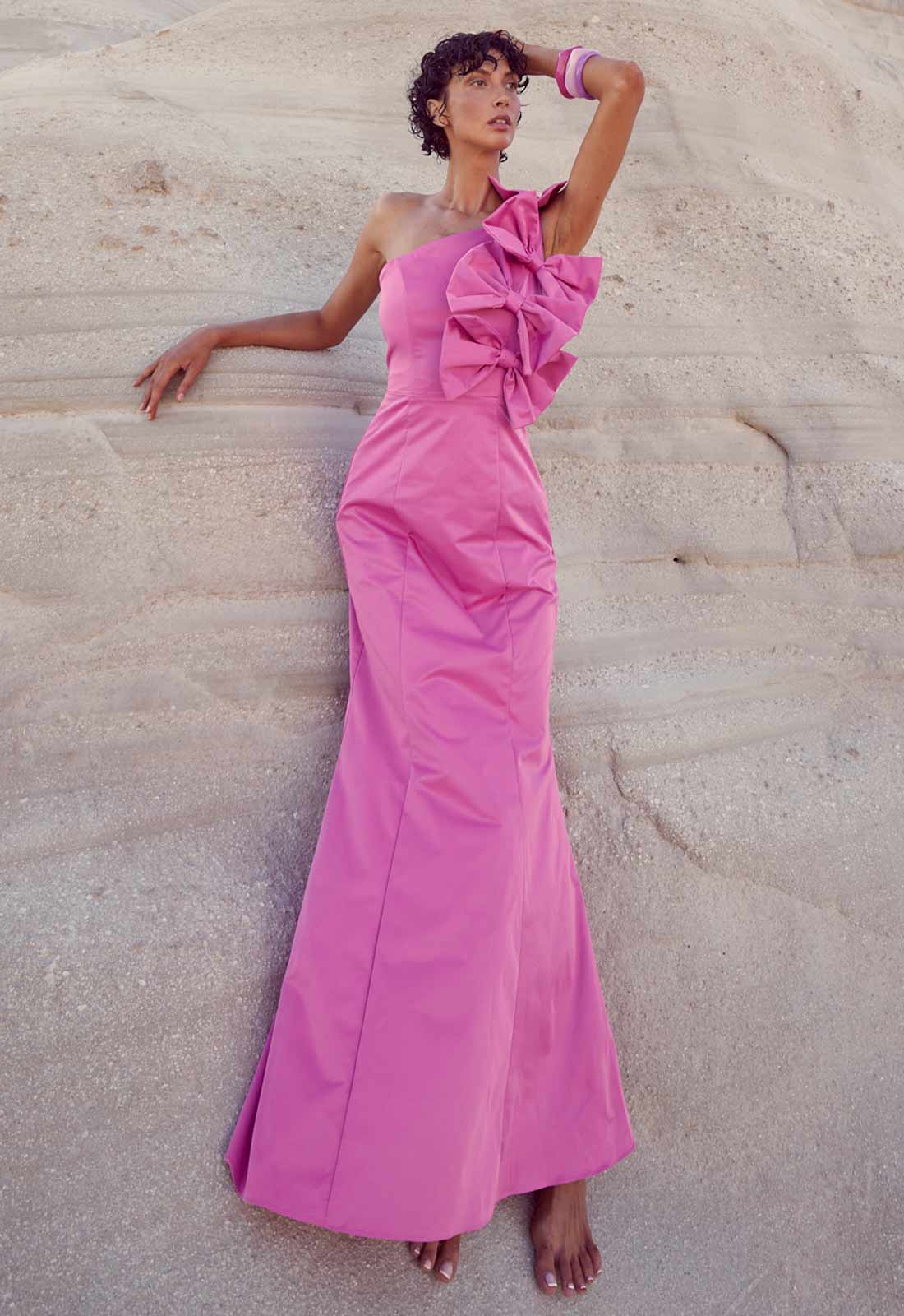 True Decadence Bright-Pink Kathleen Asymmetric-bow Maxi Dress